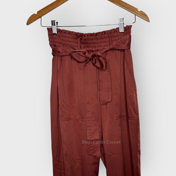 Abercrombie S Burnt Red Satin Paper Bag Pants High Rise Smocked Belted Trousers - Picture 4 of 8